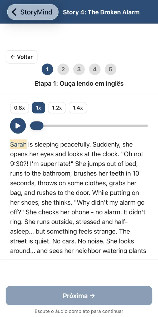 Tela de leitura de uma história no app StoryMind