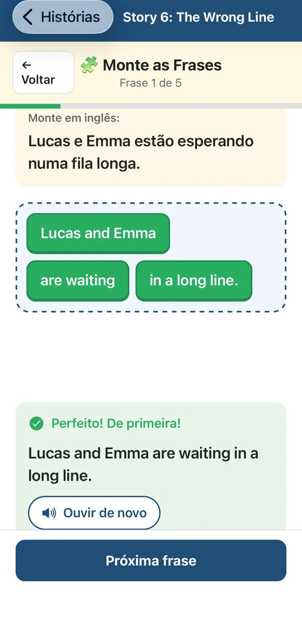 Tela do exercício de Chunks no app StoryMind com a frase montada