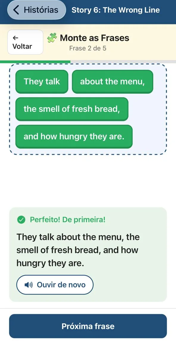 Tela do StoryMind com a frase montada corretamente e o botão Ouvir de novo