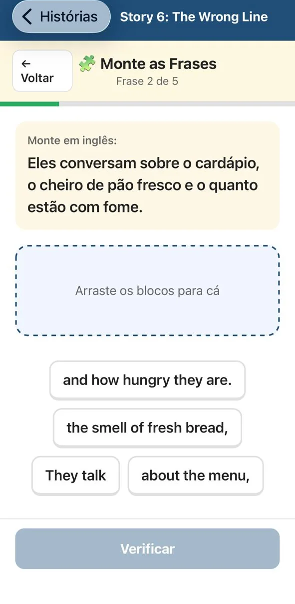 Tela do StoryMind com blocos embaralhados para montar a frase em inglês