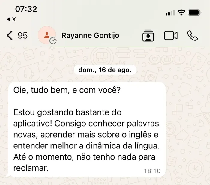Print de mensagem da aluna Rayanne sobre o aplicativo