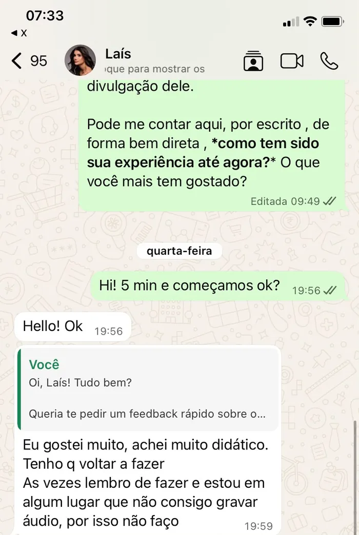 Print de mensagem da aluna Laís sobre o app