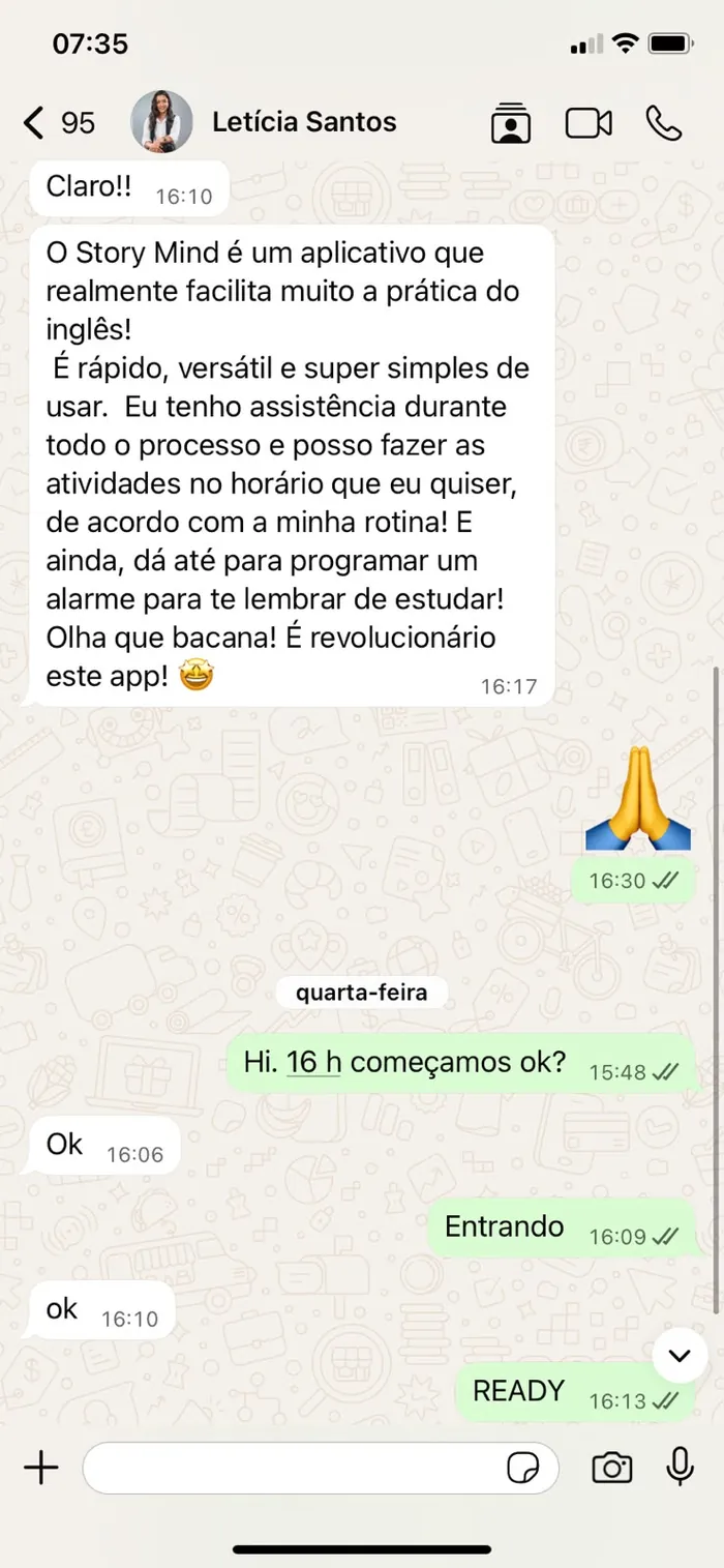 Print de mensagem da aluna Letícia elogiando o app