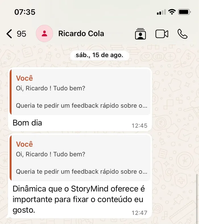 Print de mensagem do aluno Ricardo sobre a dinâmica do app