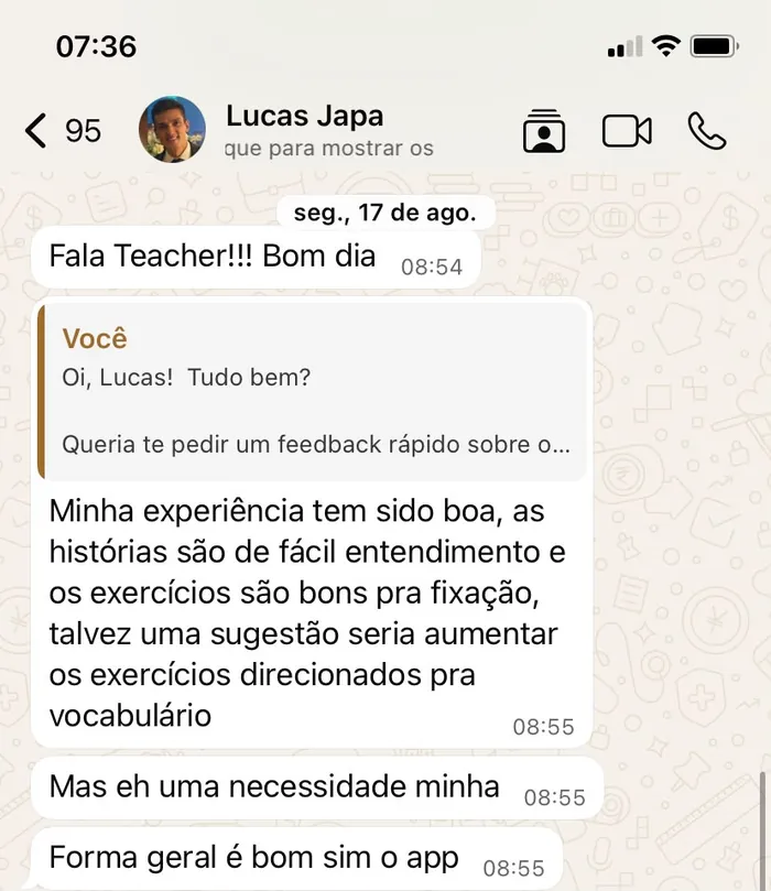Print de mensagem do aluno Lucas sobre as histórias