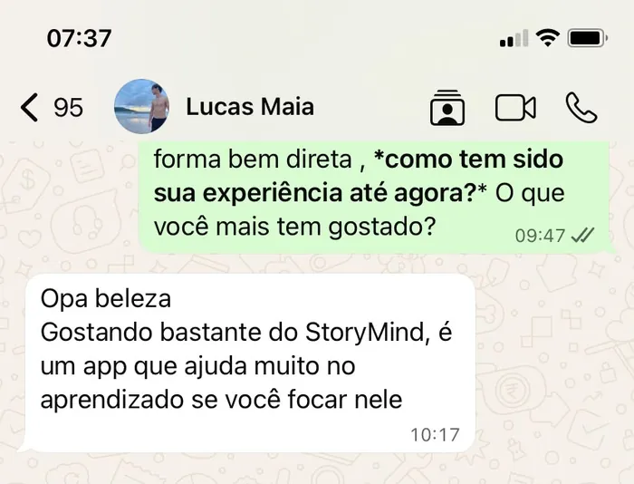 Print de mensagem do aluno Lucas Maia sobre o StoryMind