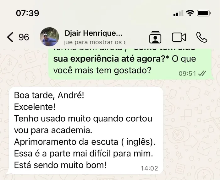 Print de mensagem do aluno Djair sobre usar o app na academia