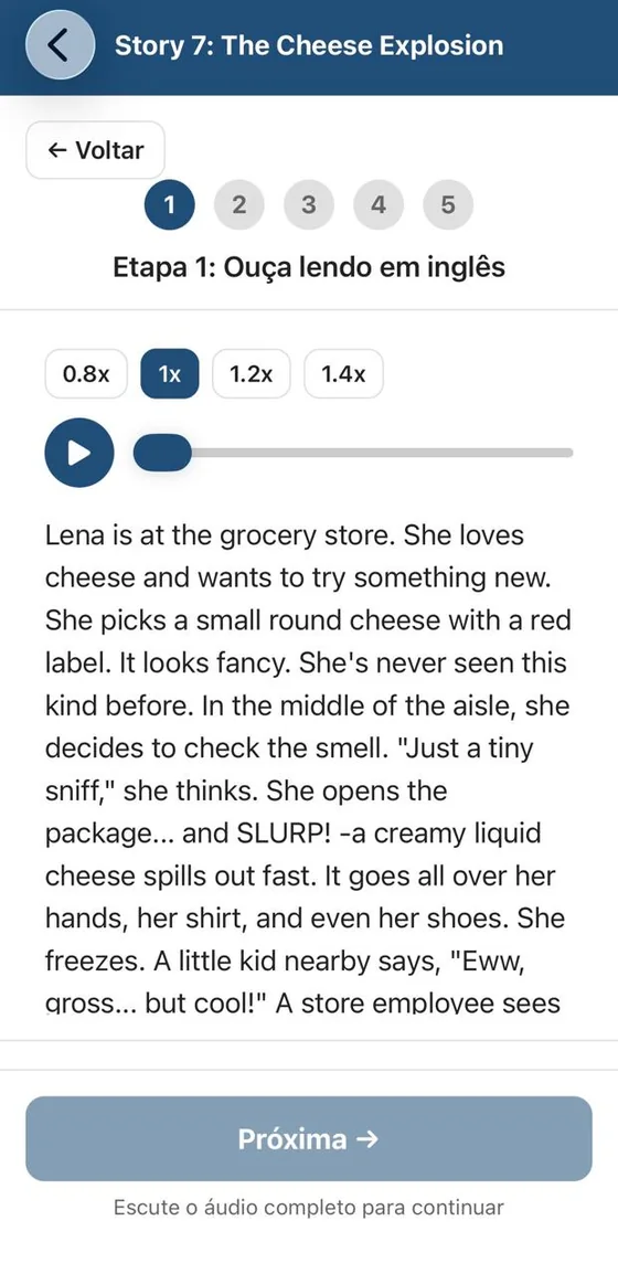 Etapa 1 do app: ouça lendo em inglês