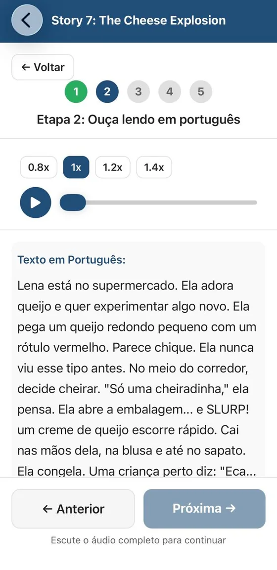 Etapa 2 do app: ouça lendo em português