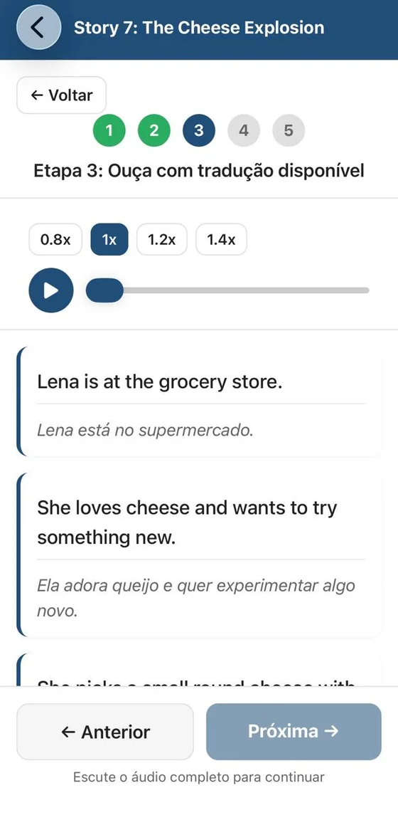 Etapa 3 do app: ouça com tradução disponível