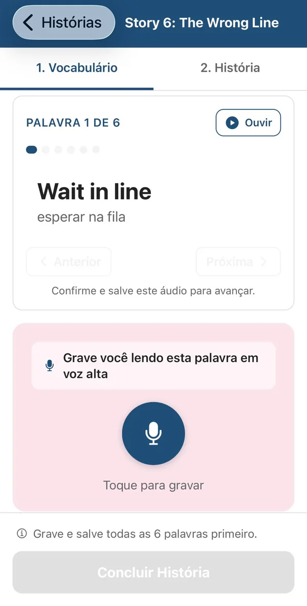 Treino de fala: ouvir e gravar a pronúncia de uma palavra do vocabulário