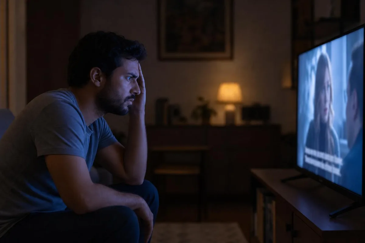 Homem confuso tentando acompanhar uma série em inglês com legenda