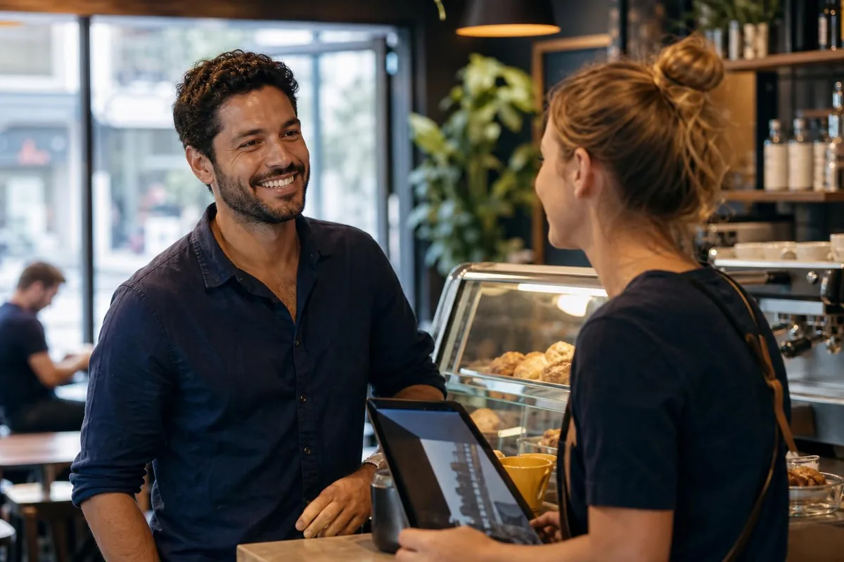Homem sorrindo e conversando em inglês numa cafeteria